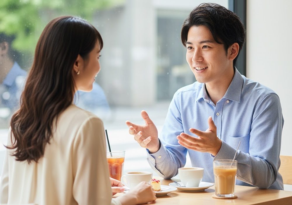 女性と自信をもって話す男性の実写風画像