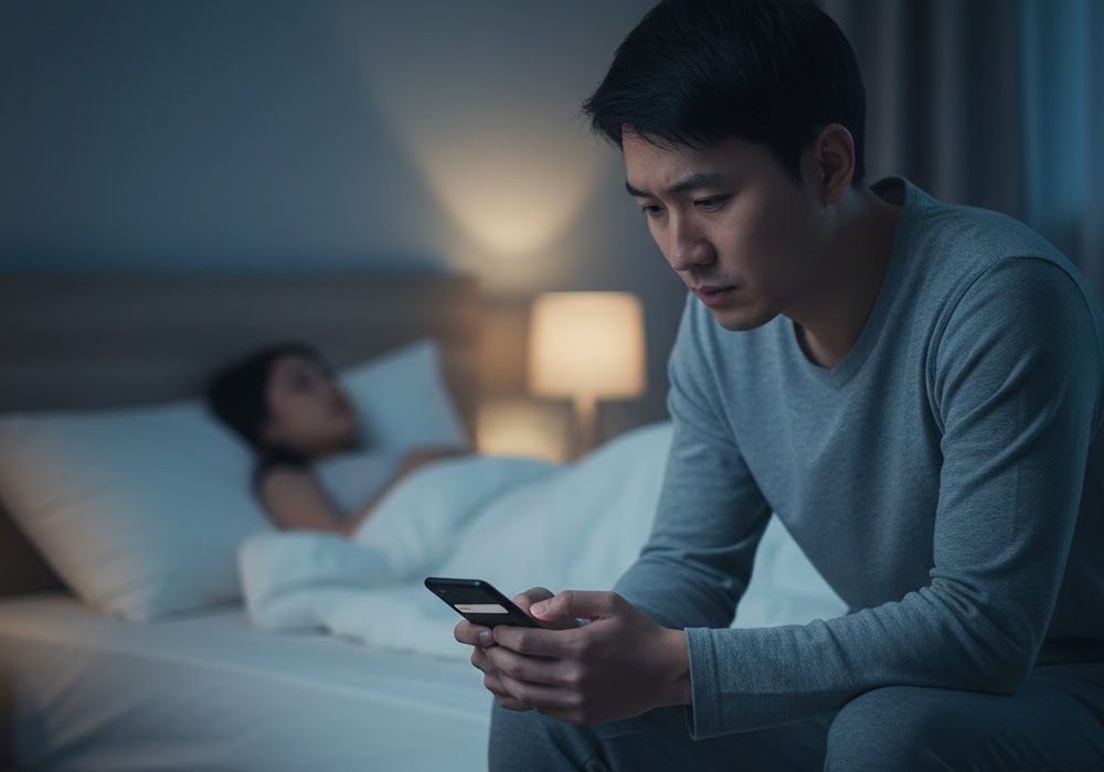 ベッドで眠っている彼女の横でスマホ見て悩む男性の実写風画像