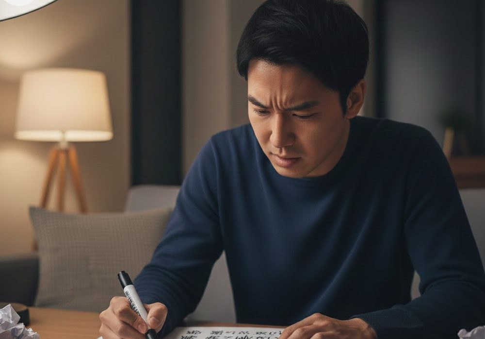 紙に殴り書きしてストレスを発散する男性の実写風画像