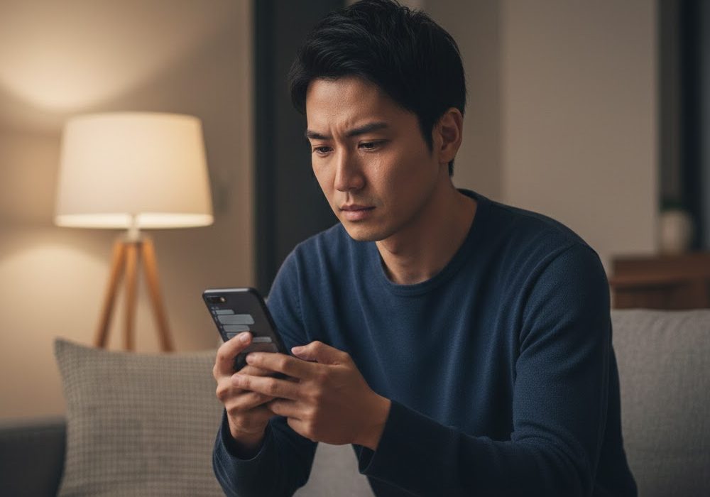 スマホを悲しそうに見ている男性の実写風画像