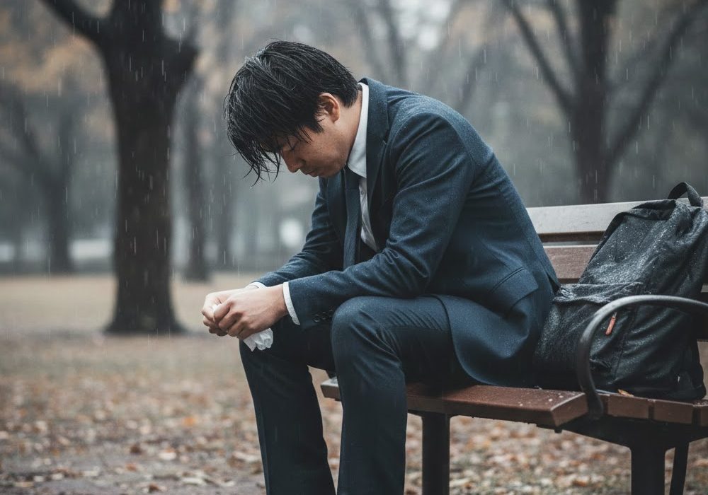 雨降りの中、ベンチで落ち込む男性の実写風画像