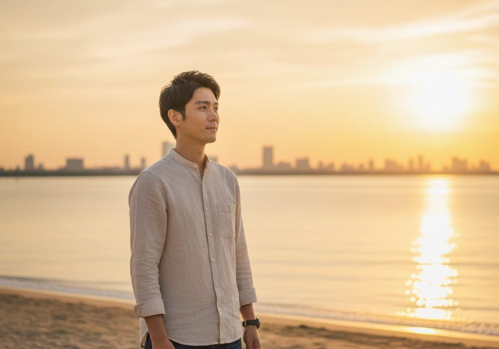 夕日を眺める男性の実写風画像