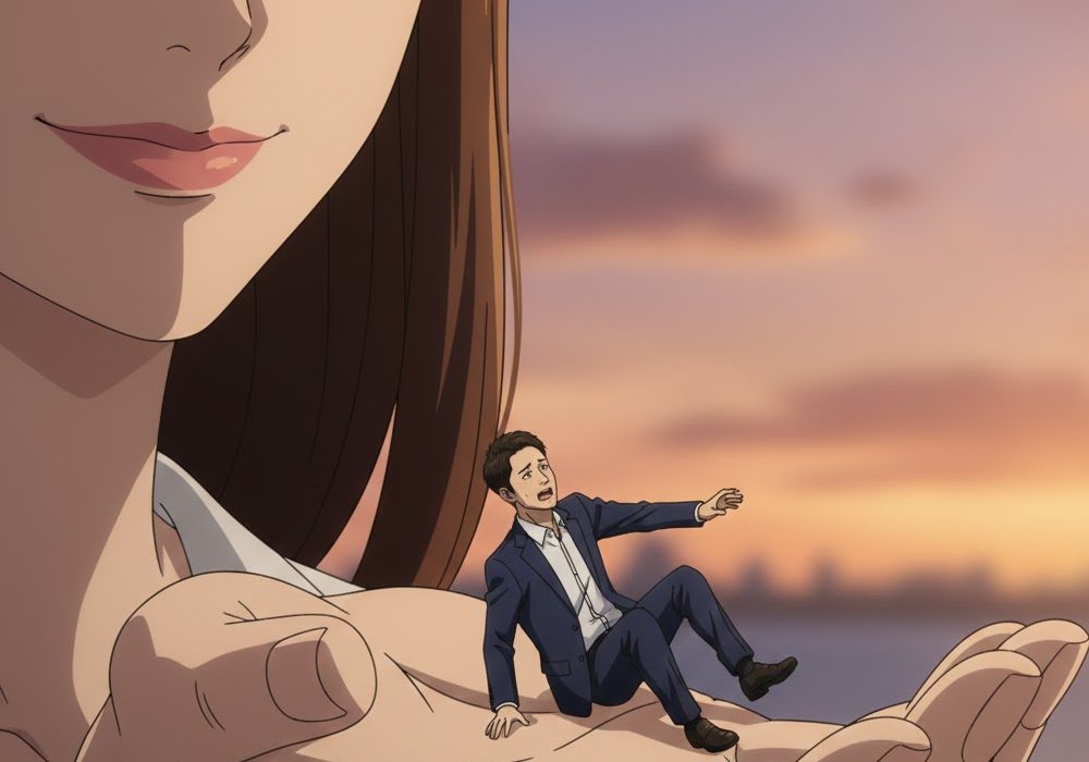 女性の手のひらで転がされている男性を描写したアニメ画像