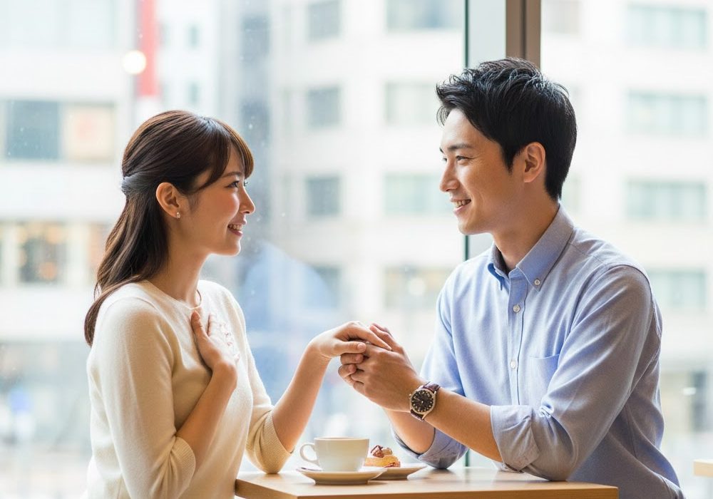 女性の手を取っている爽やかな男性の実写画像