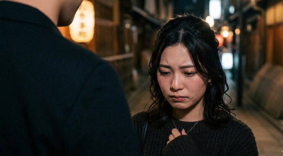 男性の前で暗い表情でうつむく女性の顔